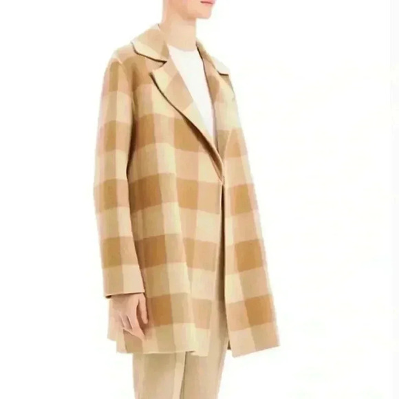 NWT Theory Buffalo Plaid Double Faced Check Overlay Tan Blazer Wool Coat Large - Picture 4 of 11